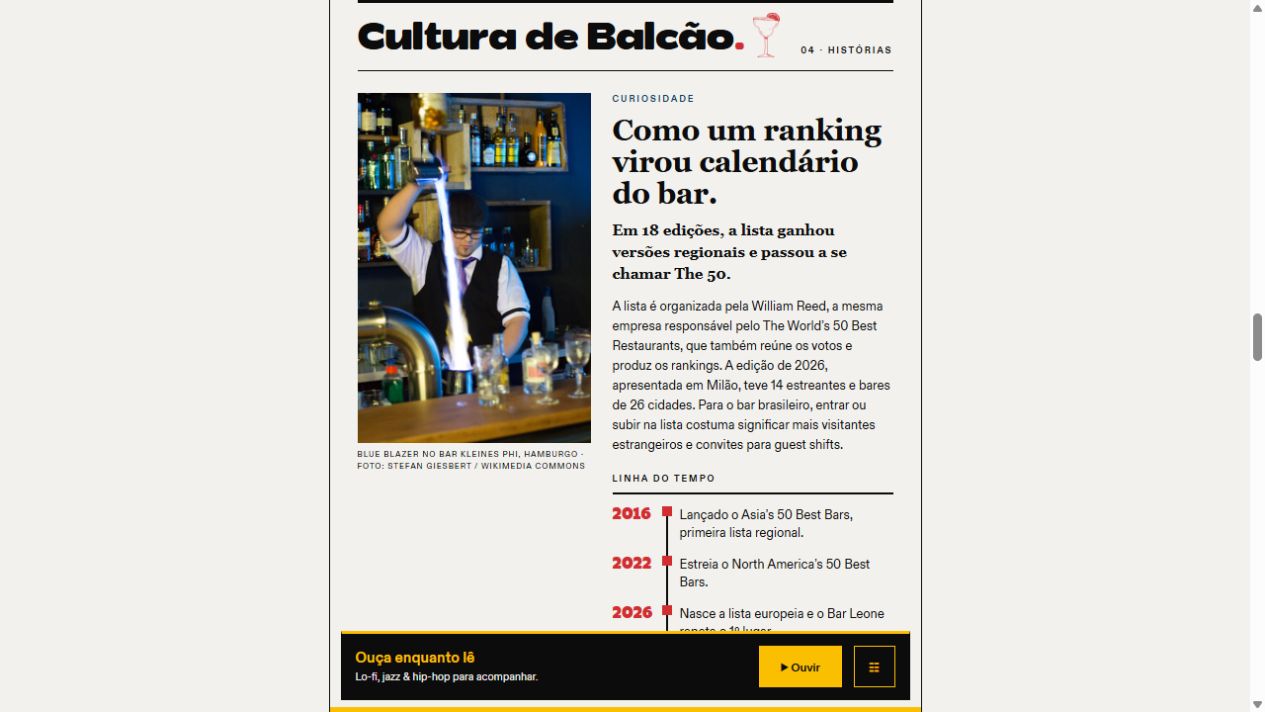 Print da seção Cultura de Balcão, com história dos rankings e foto de um Blue Blazer