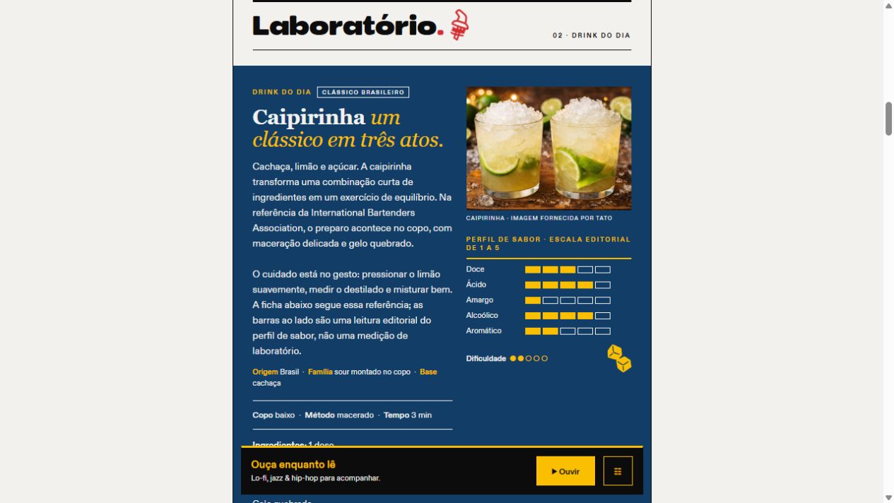Print da seção Laboratório: caipirinha, ingredientes e perfil de sabor
